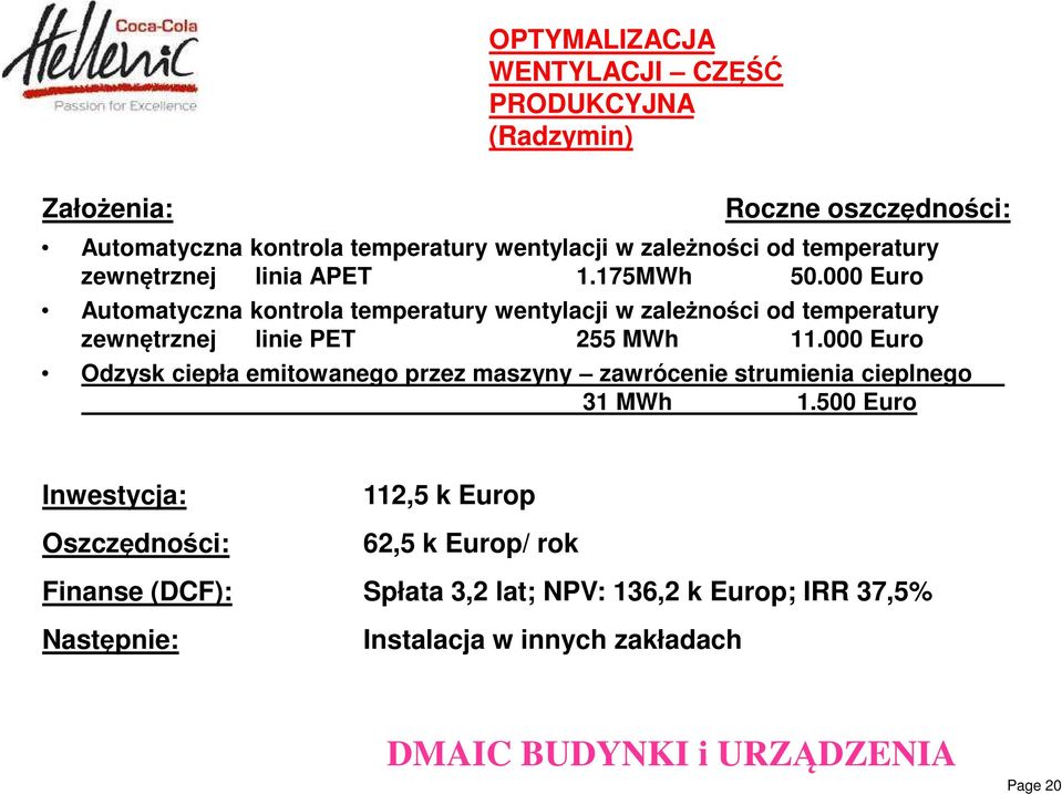 000 Euro Automatyczna kontrola temperatury wentylacji w zależności od temperatury zewnętrznej linie PET 255 MWh 11.