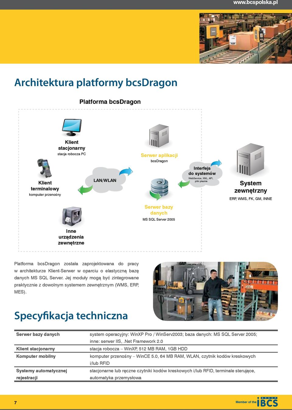 WebService, XML, API, pliki płaskie System zewnętrzny ERP, WMS, FK, GM, INNE Serwer bazy danych MS SQL Server 2005 Inne urządzenia zewnętrzne Platforma bcsdragon została zaprojektowana do pracy w