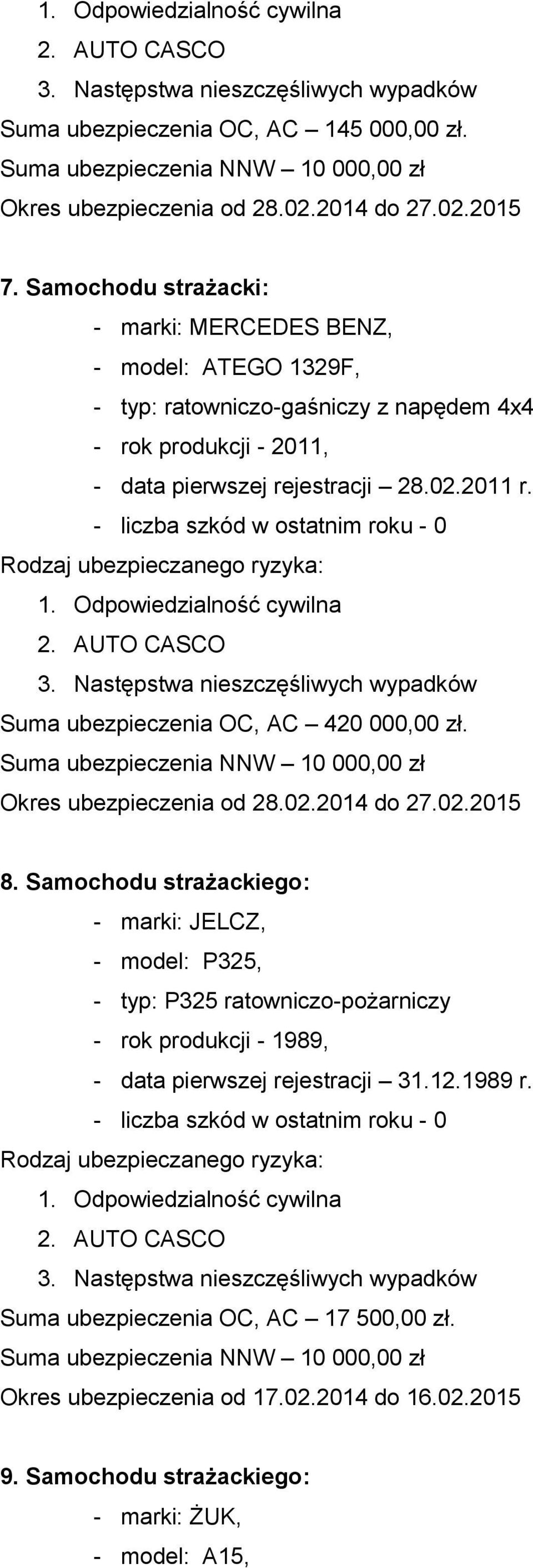 Suma ubezpieczenia OC, AC 420 000,00 zł. Okres ubezpieczenia od 28.02.2014 do 27.02.2015 8.