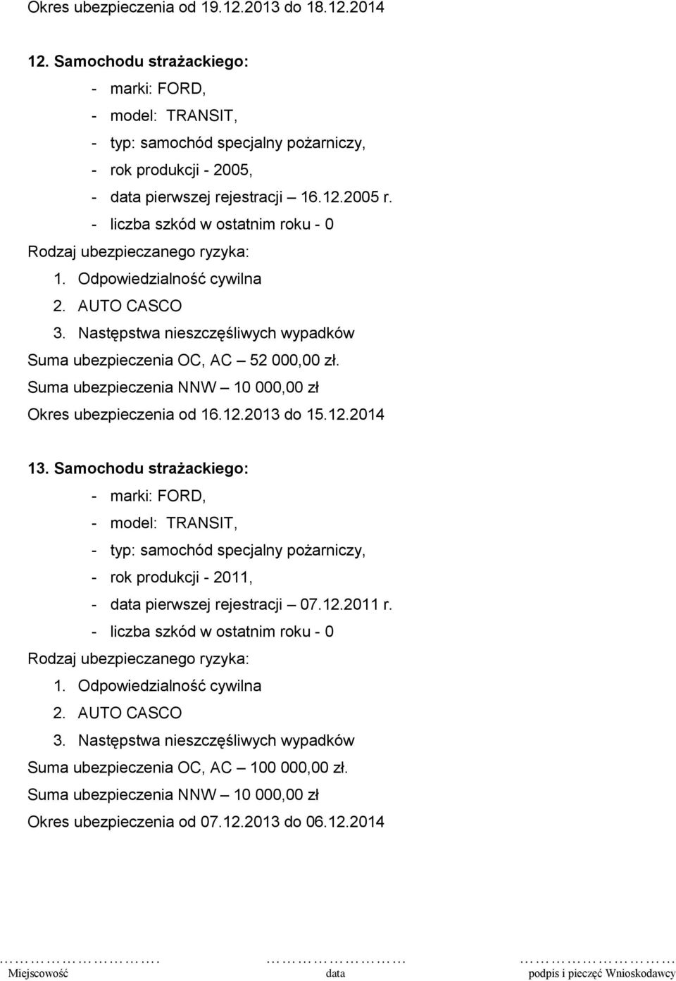 Suma ubezpieczenia OC, AC 52 000,00 zł. Okres ubezpieczenia od 16.12.2013 do 15.12.2014 13.