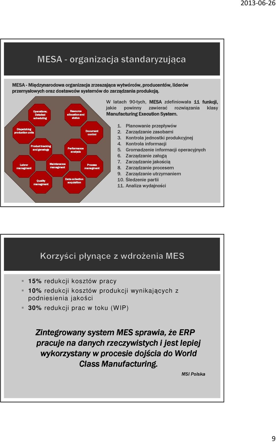 managment Data collection Quality acquisition managment Process managment W latach 90-tych, MESA zdefiniowała 11 funkcji, jakie powinny zawierać rozwiązania klasy Manufacturing Execution System. 1. Planowanie przepływów 2.