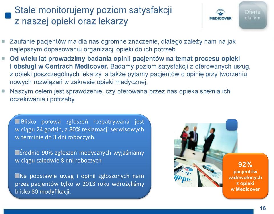 Badamy poziom satysfakcji z oferowanych usług, z opieki poszczególnych lekarzy, a także pytamy pacjentów o opinię przy tworzeniu nowych rozwiązań w zakresie opieki medycznej.