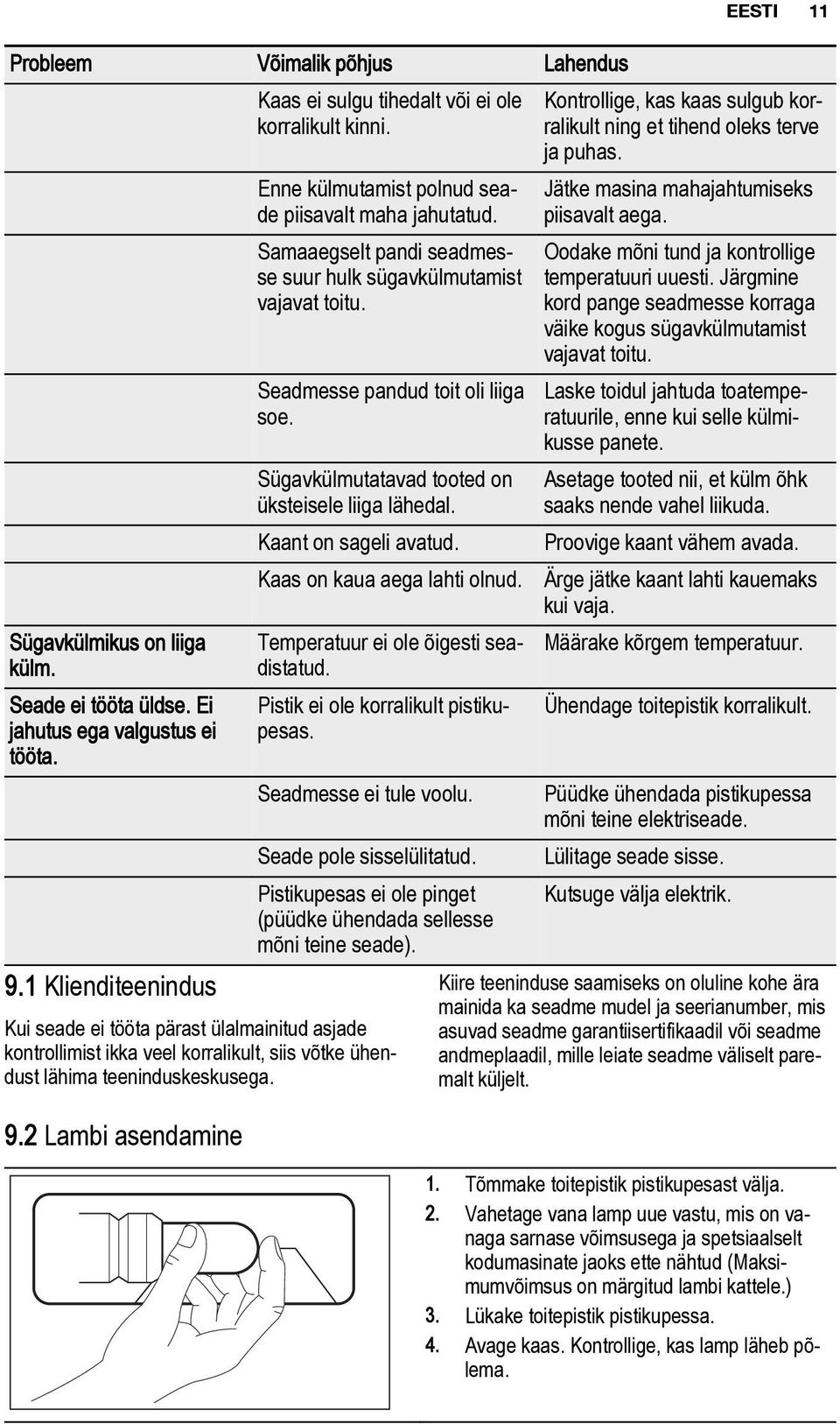 Sügavkülmutatavad tooted on üksteisele liiga lähedal. Kaant on sageli avatud. Kaas on kaua aega lahti olnud. Temperatuur ei ole õigesti seadistatud. Pistik ei ole korralikult pistikupesas.