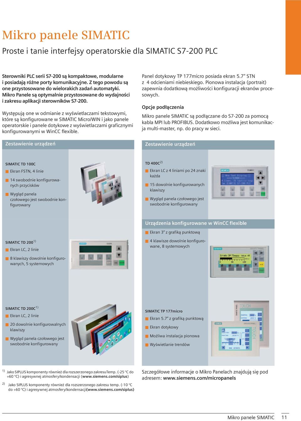 Występują one w odmianie z wyświetlaczami tekstowymi, które są konfigurowane w SIMATIC Micro/WIN i jako panele operatorskie i panele dotykowe z wyświetlaczami graficznymi konfigurowanymi w WinCC