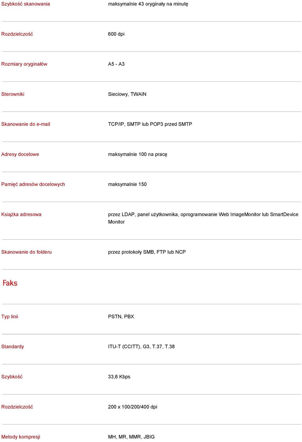 adresowa przez LDAP, panel użytkownika, oprogramowanie Web ImageMonitor lub SmartDevice Monitor Skanowanie do folderu przez protokoły