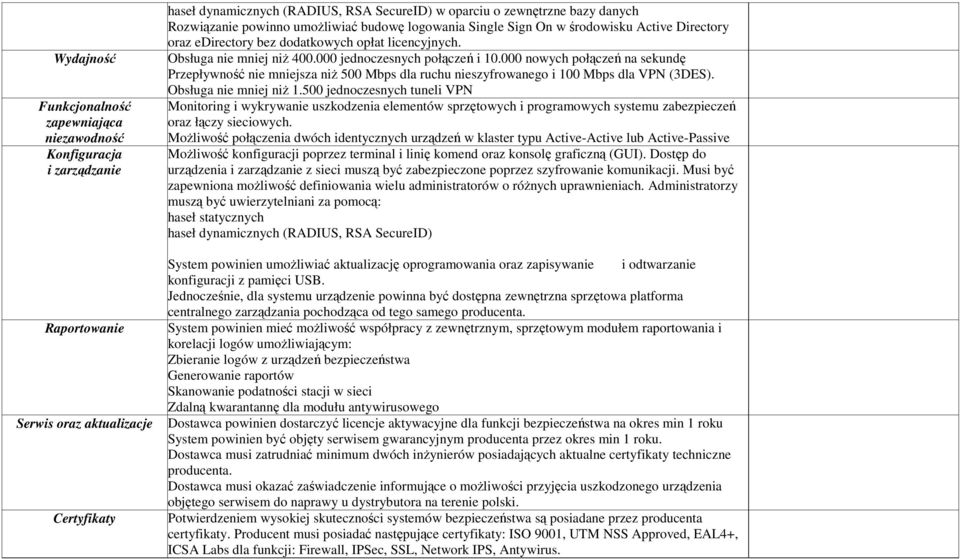 000 jednoczesnych połączeń i 10.000 nowych połączeń na sekundę Przepływność nie mniejsza niŝ 500 Mbps dla ruchu nieszyfrowanego i 100 Mbps dla VPN (3DES). Obsługa nie mniej niŝ 1.