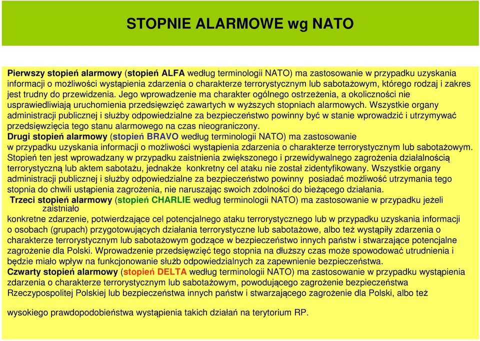 Jego wprowadzenie ma charakter ogólnego ostrzeżenia, a okoliczności nie usprawiedliwiają uruchomienia przedsięwzięć zawartych w wyższych stopniach alarmowych.