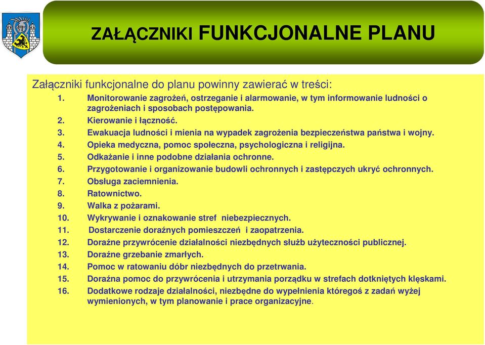 Ewakuacja ludności i mienia na wypadek zagrożenia bezpieczeństwa państwa i wojny. 4. Opieka medyczna, pomoc społeczna, psychologiczna i religijna. 5. Odkażanie i inne podobne działania ochronne. 6.