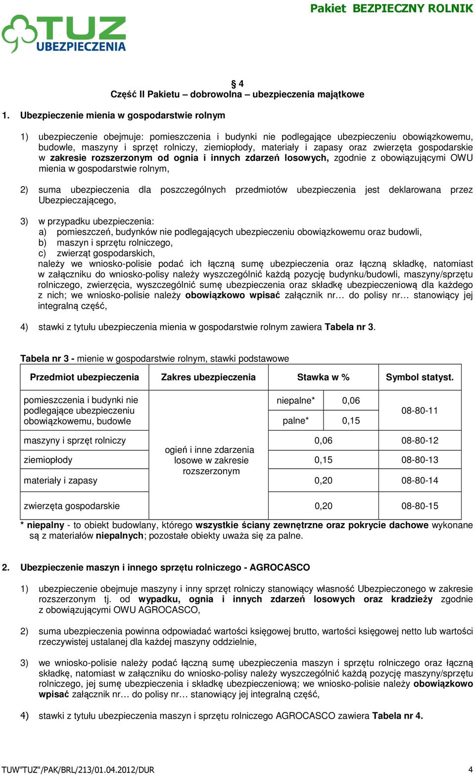 i zapasy oraz zwierzęta gospodarskie w zakresie rozszerzonym od ognia i innych zdarzeń losowych, zgodnie z obowiązującymi OWU mienia w gospodarstwie rolnym, 2) suma ubezpieczenia dla poszczególnych