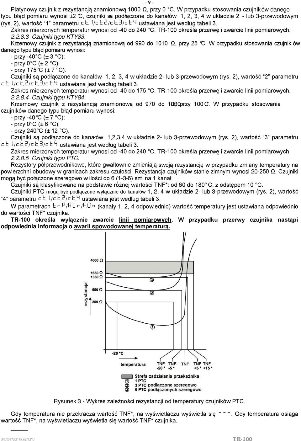 2), wartość 1 parametru / / / ustawiana jest według tabeli 3. Zakres mierzonych temperatur wynosi od -40 do 240 С. TR-100 określa przerwę i zwarcie linii pomiarowych. 2.2.8.3 Czujniki typu KTY83.