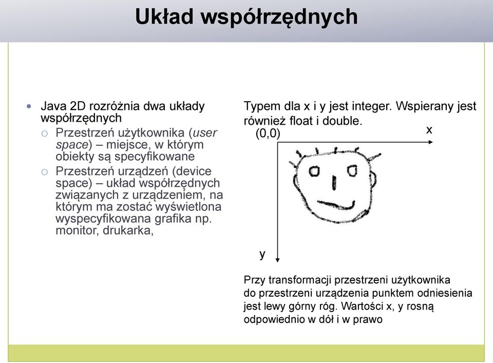 wyspecyfikowana grafika np. monitor, drukarka, Typem dla x i y jest integer. Wspierany jest również float i double.