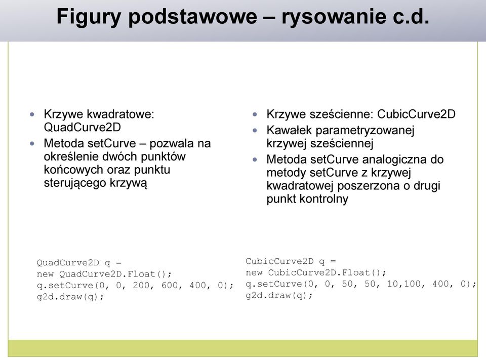 Krzywe kwadratowe: QuadCurve2D Metoda setcurve pozwala na określenie dwóch punktów końcowych oraz punktu sterującego krzywą Krzywe