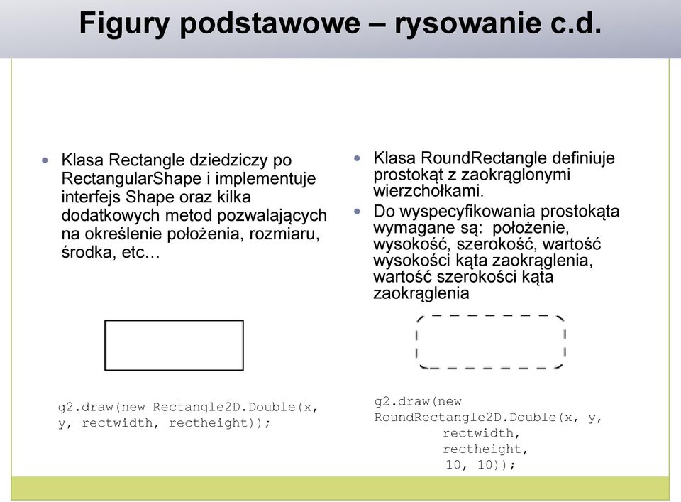 Klasa Rectangle dziedziczy po RectangularShape i implementuje interfejs Shape oraz kilka dodatkowych metod pozwalających na określenie