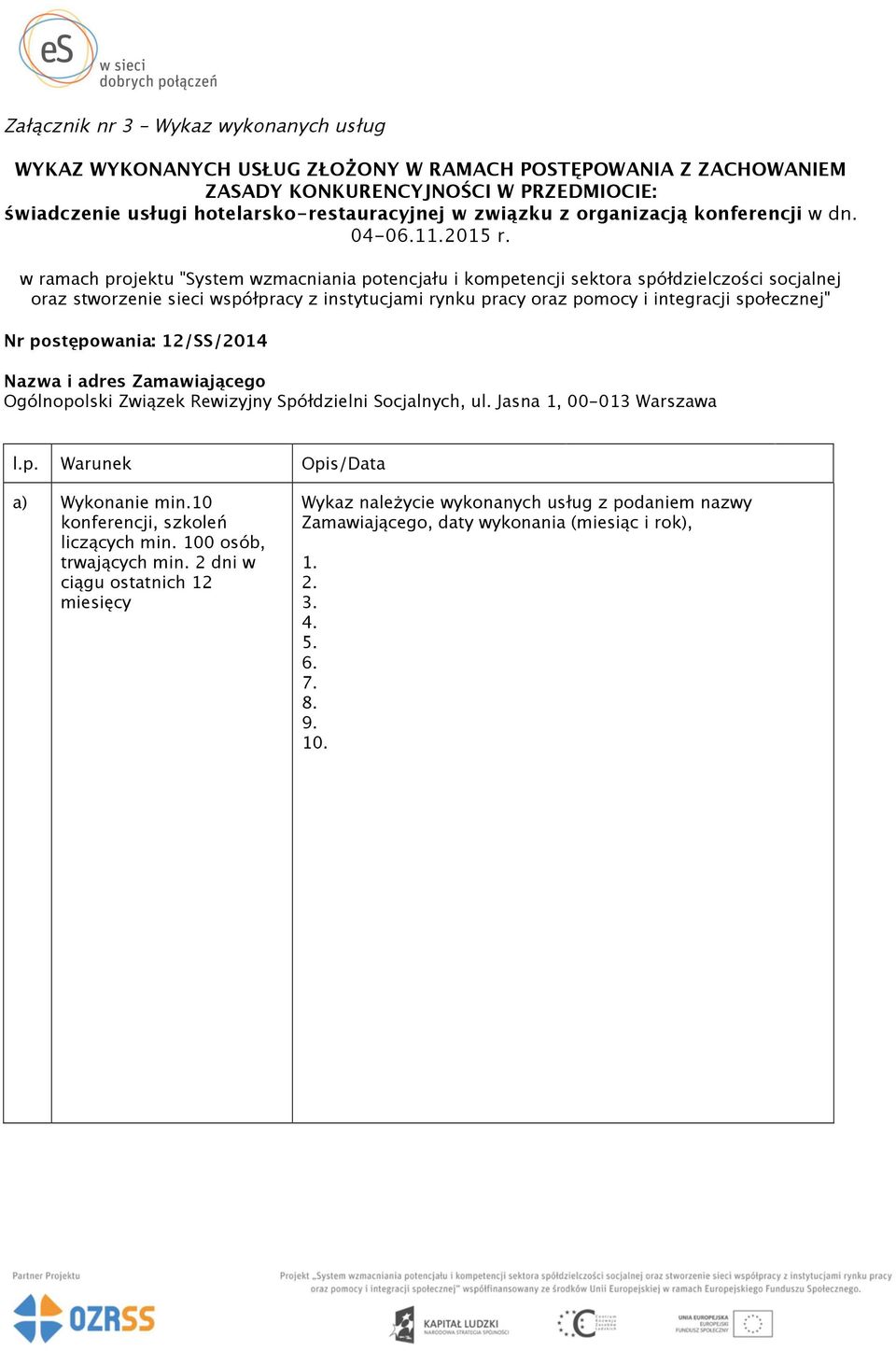w ramach projektu "System wzmacniania potencjału i kompetencji sektora spółdzielczości socjalnej oraz stworzenie sieci współpracy z instytucjami rynku pracy oraz pomocy i integracji społecznej" Nr