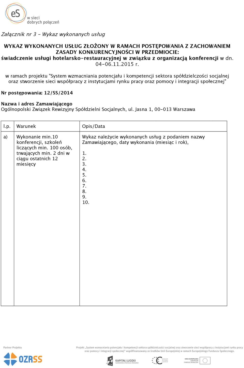 w ramach projektu "System wzmacniania potencjału i kompetencji sektora spółdzielczości socjalnej oraz stworzenie sieci współpracy z instytucjami rynku pracy oraz pomocy i integracji społecznej" Nr