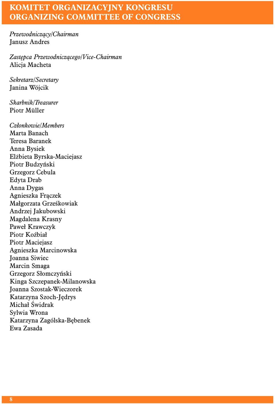 Grzegorz Cebula Edyta Drab Anna Dygas Agnieszka Frączek Małgorzata Grześkowiak Andrzej Jakubowski Magdalena Krasny Paweł Krawczyk Piotr Koźbiał Piotr Maciejasz Agnieszka