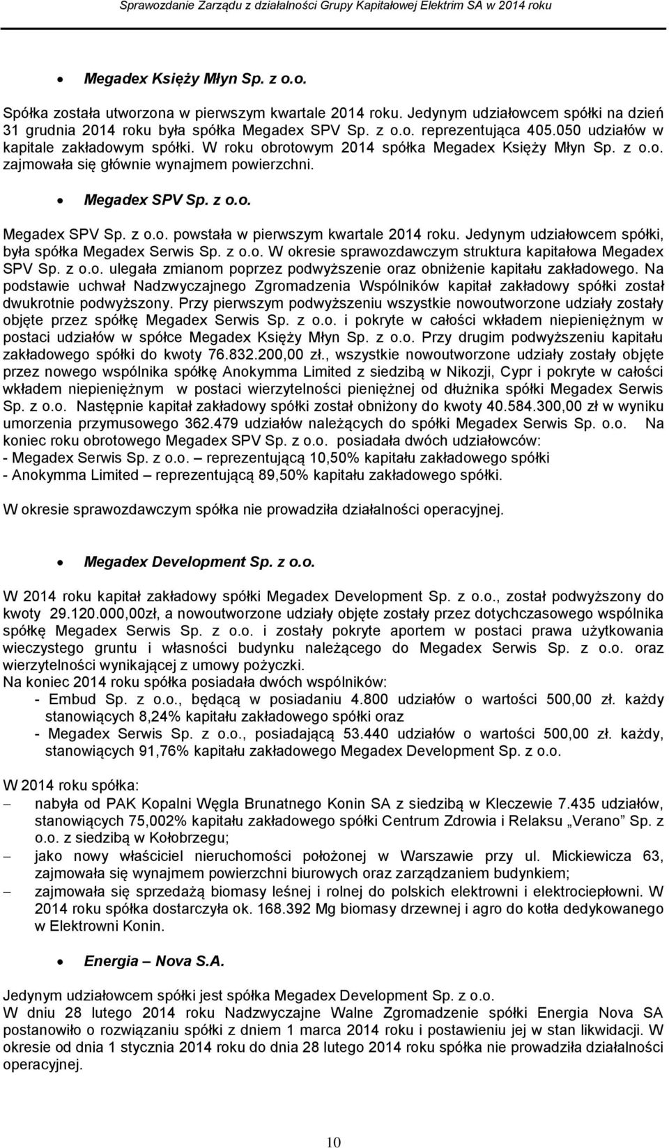 Jedynym udziałowcem spółki, była spółka Megadex Serwis Sp. z o.o. W okresie sprawozdawczym struktura kapitałowa Megadex SPV Sp. z o.o. ulegała zmianom poprzez podwyższenie oraz obniżenie kapitału zakładowego.