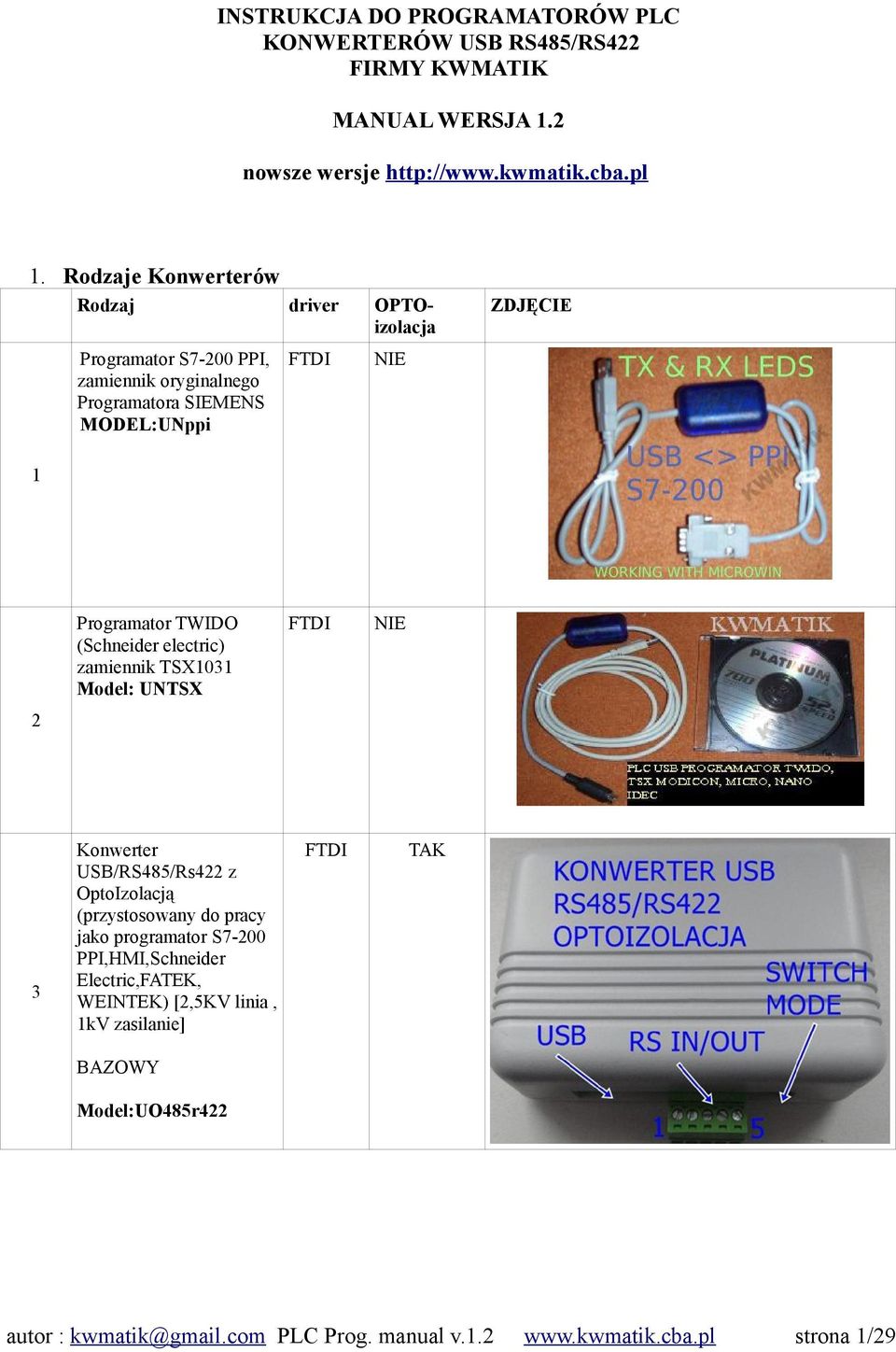 (Schneider electric) zamiennik TSX1031 Model: UNTSX FTDI NIE ZDJĘCIE 1 2 3 Konwerter USB/RS485/Rs422 z OptoIzolacją (przystosowany do pracy jako programator