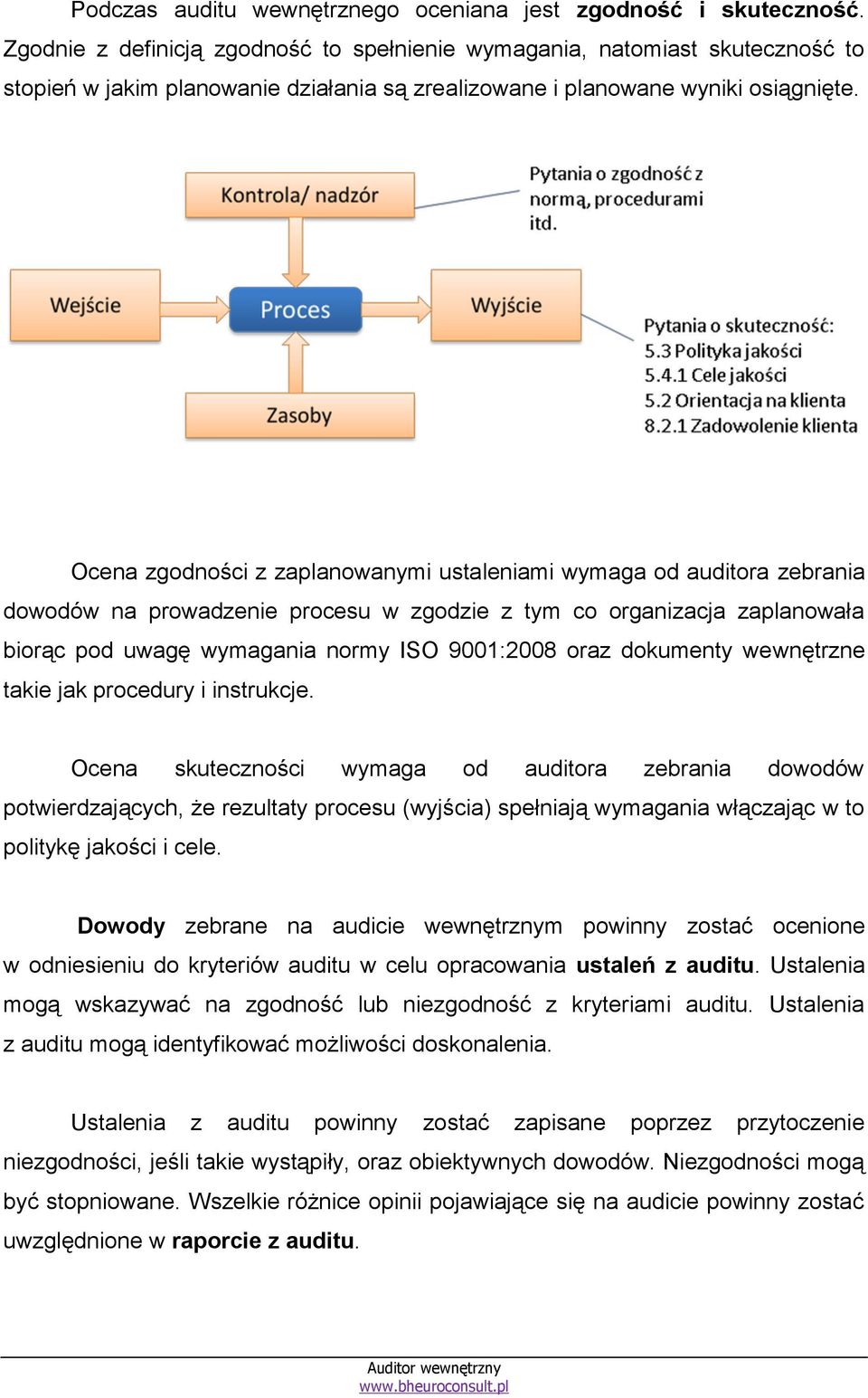 Ocena zgodności z zaplanowanymi ustaleniami wymaga od auditora zebrania dowodów na prowadzenie procesu w zgodzie z tym co organizacja zaplanowała biorąc pod uwagę wymagania normy ISO 9001:2008 oraz