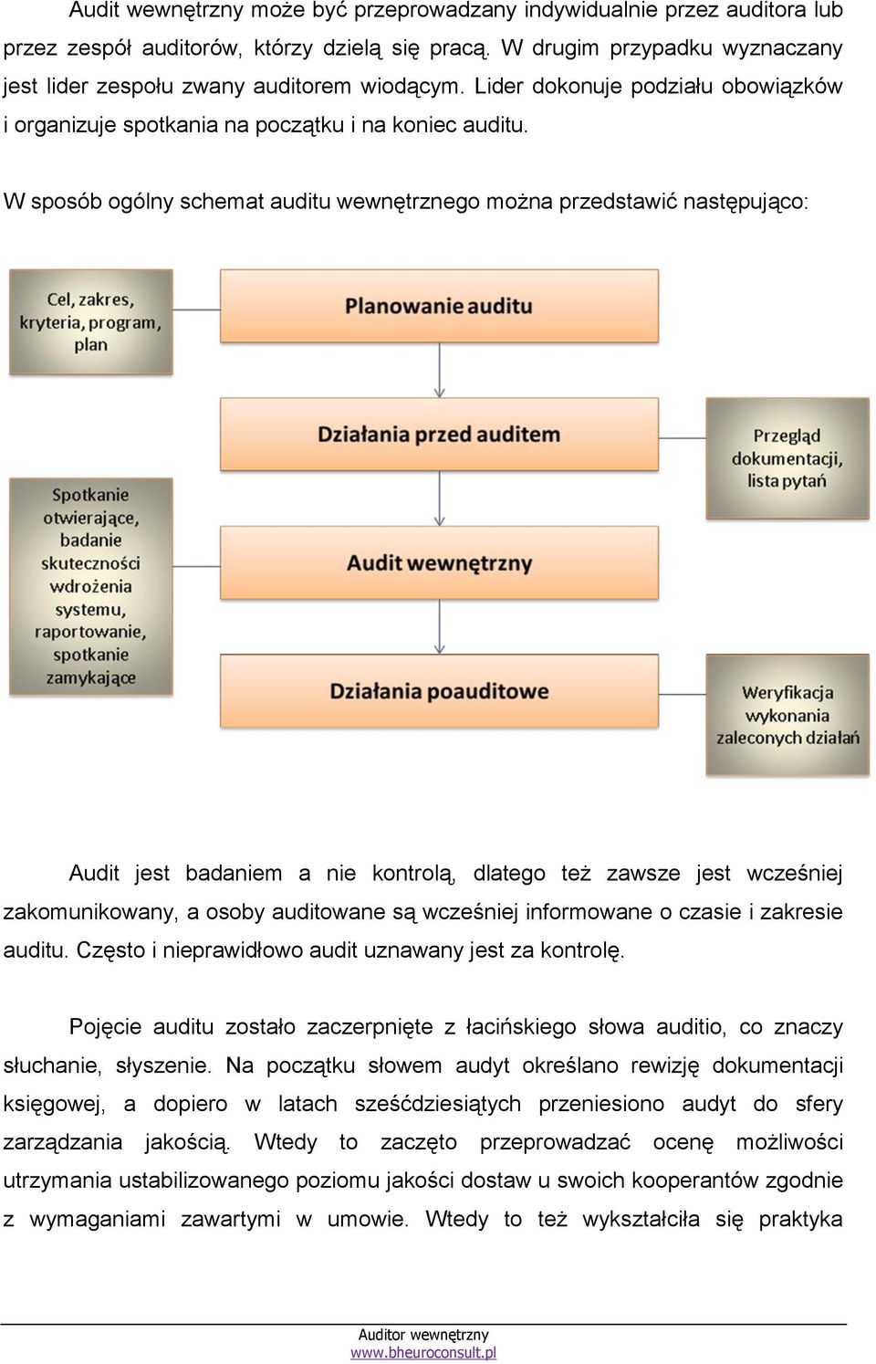 W sposób ogólny schemat auditu wewnętrznego można przedstawić następująco: Audit jest badaniem a nie kontrolą, dlatego też zawsze jest wcześniej zakomunikowany, a osoby auditowane są wcześniej