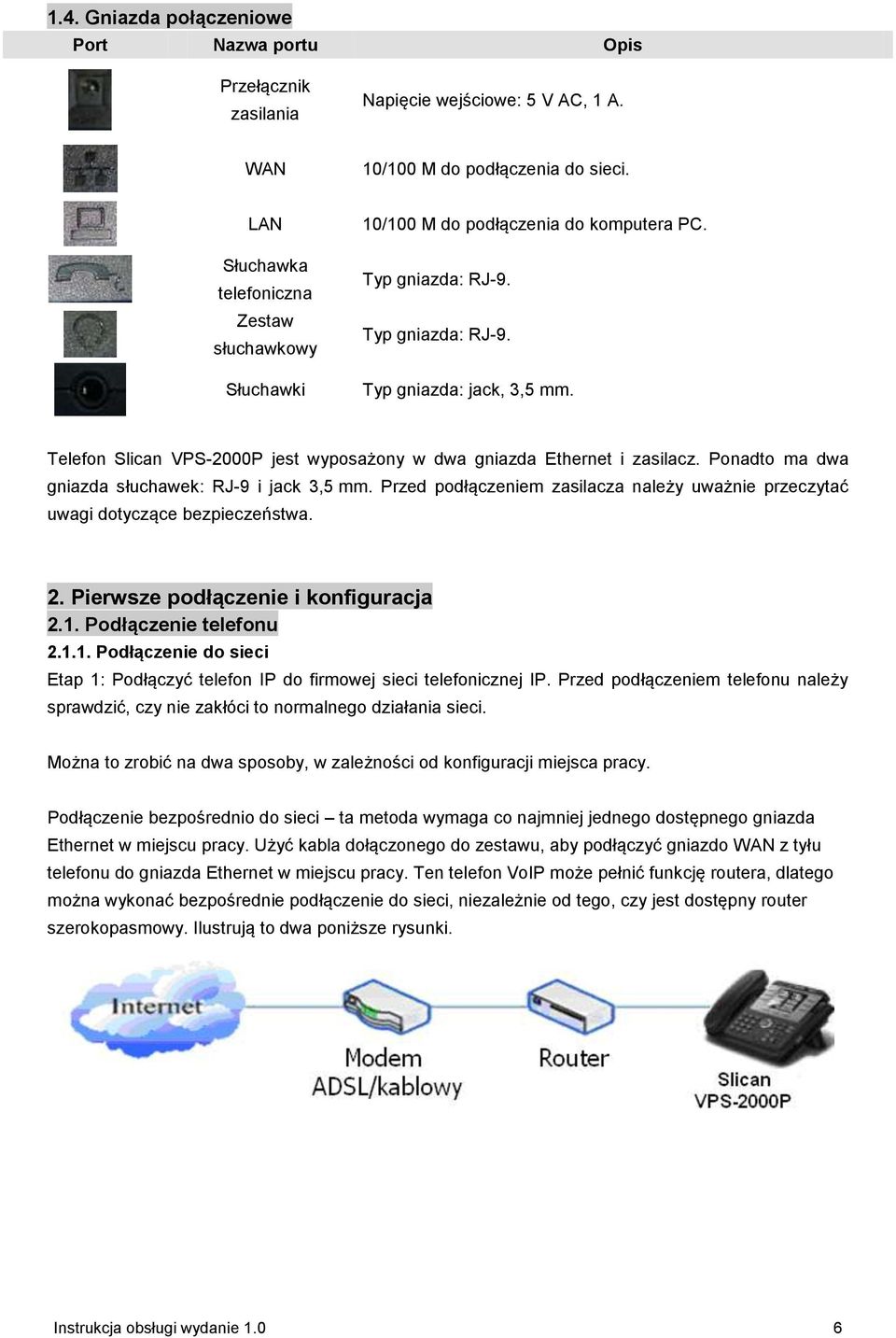 Telefon Slican VPS-2000P jest wyposażony w dwa gniazda Ethernet i zasilacz. Ponadto ma dwa gniazda słuchawek: RJ-9 i jack 3,5 mm.
