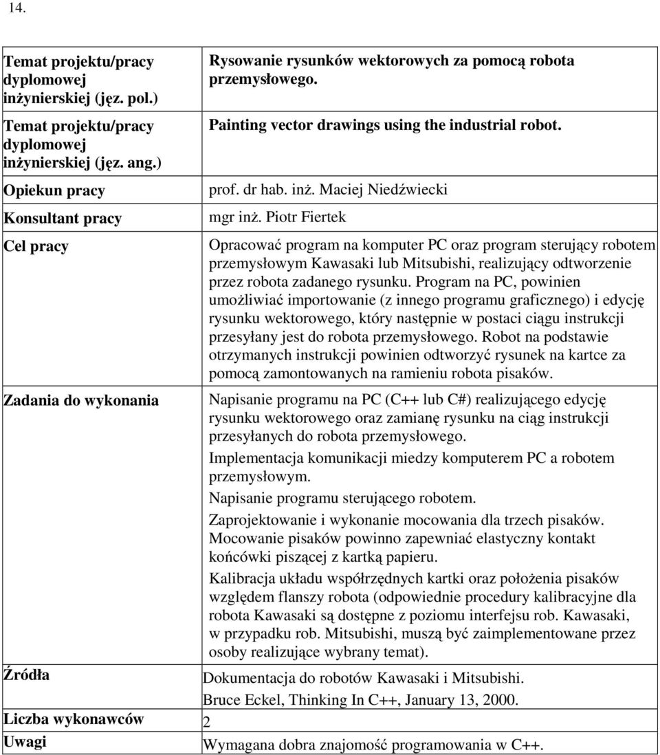 Program na PC, powinien umożliwiać importowanie (z innego programu graficznego) i edycję rysunku wektorowego, który następnie w postaci ciągu instrukcji przesyłany jest do robota przemysłowego.