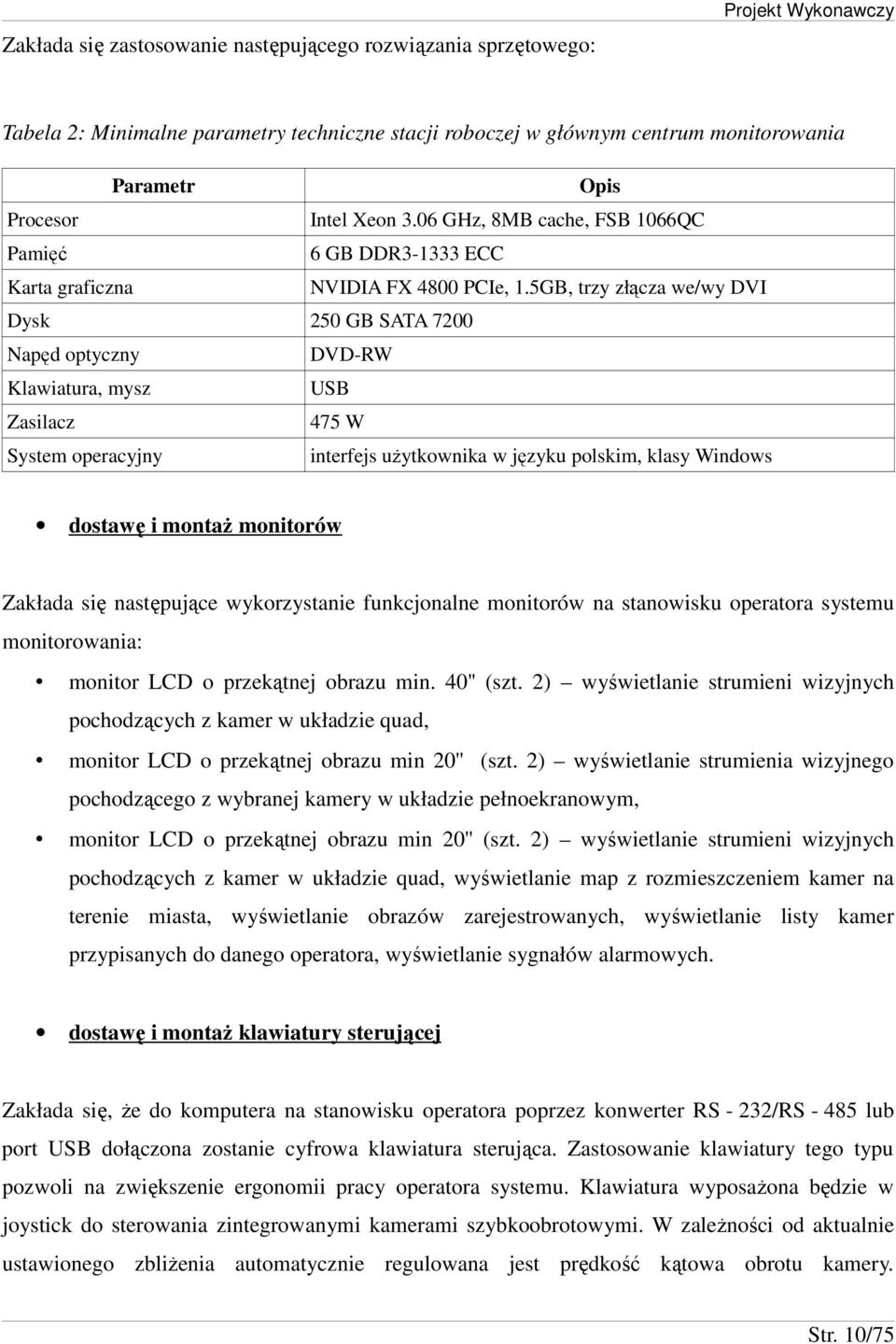 5GB, trzy złącza we/wy DVI Dysk 250 GB SATA 7200 Napęd optyczny DVD-RW Klawiatura, mysz USB Zasilacz 475 W System operacyjny interfejs użytkownika w języku polskim, klasy Windows dostawę i montaż