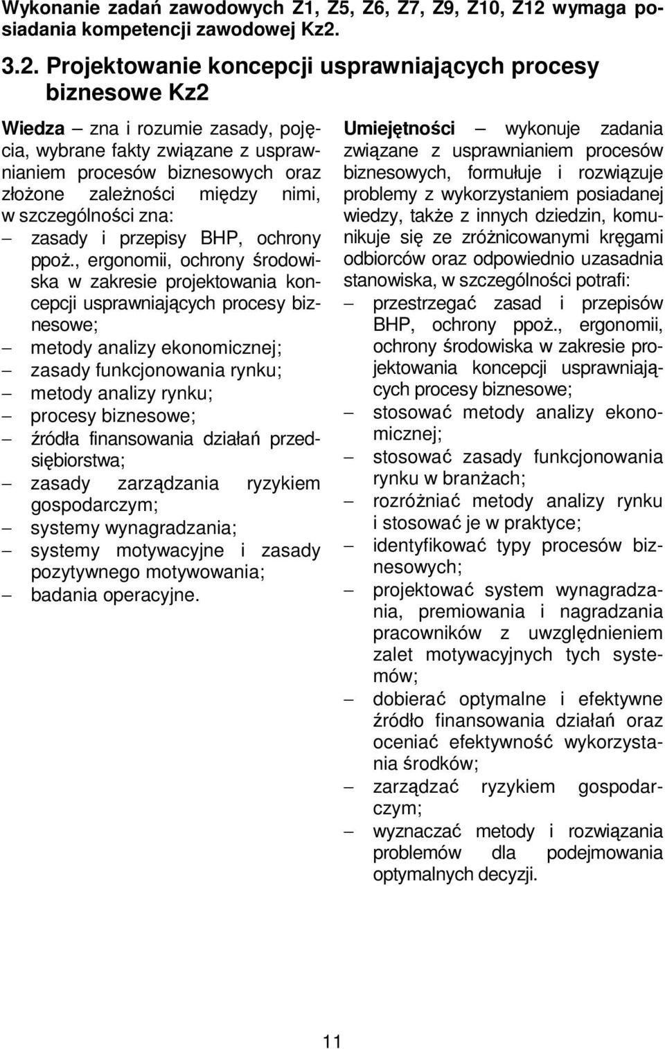 3.2. Projektowanie koncepcji usprawniających procesy biznesowe Kz2 Wiedza zna i rozumie zasady, pojęcia, wybrane fakty związane z usprawnianiem procesów biznesowych oraz złożone zależności między