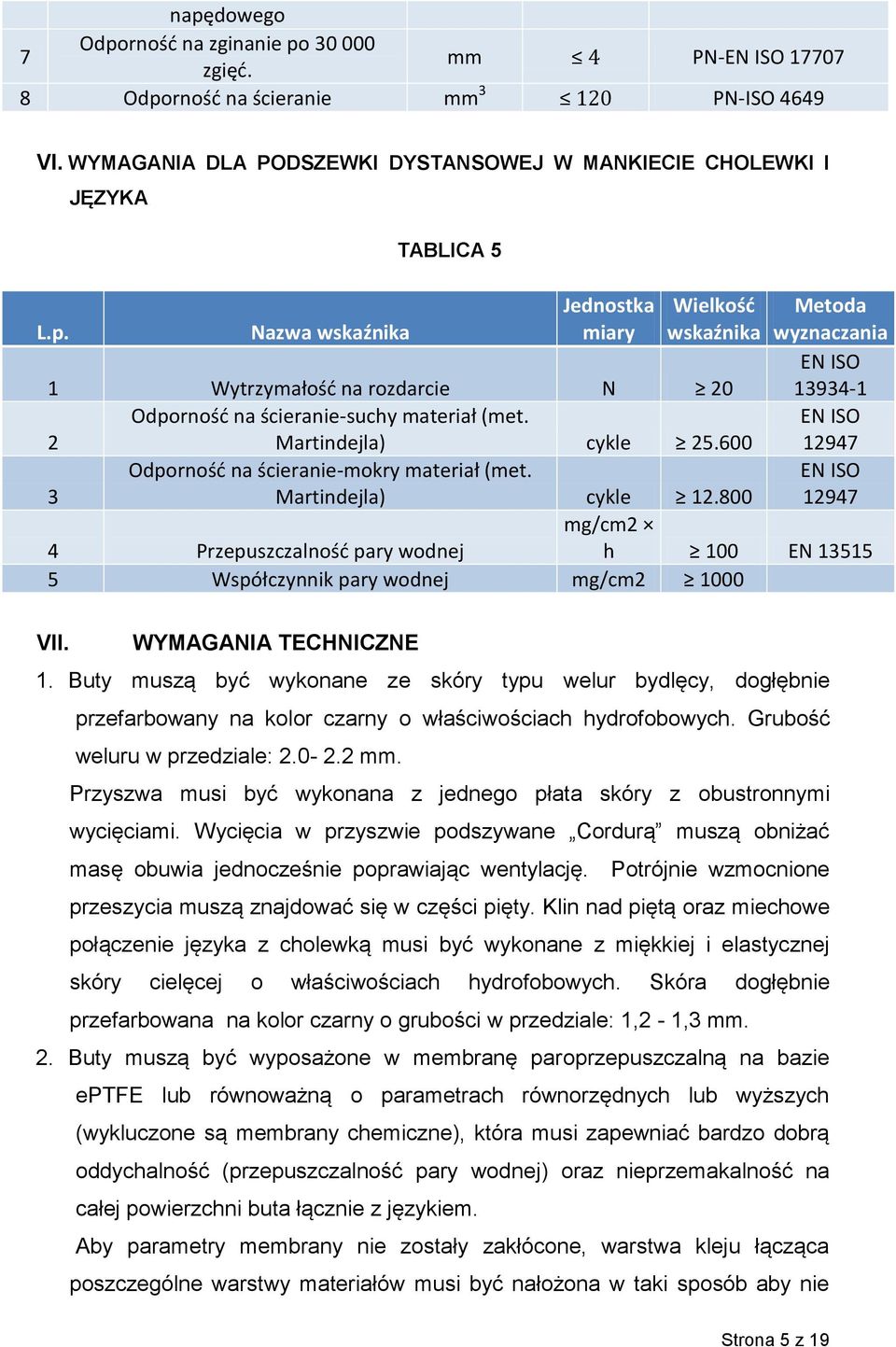 800 4 Przepuszczalność pary wodnej 5 Współczynnik pary wodnej mg/cm2 1000 Metoda wyznaczania EN ISO 13934-1 EN ISO 12947 EN ISO 12947 mg/cm2 h 100 EN 13515 VII. WYMAGANIA TECHNICZNE 1.