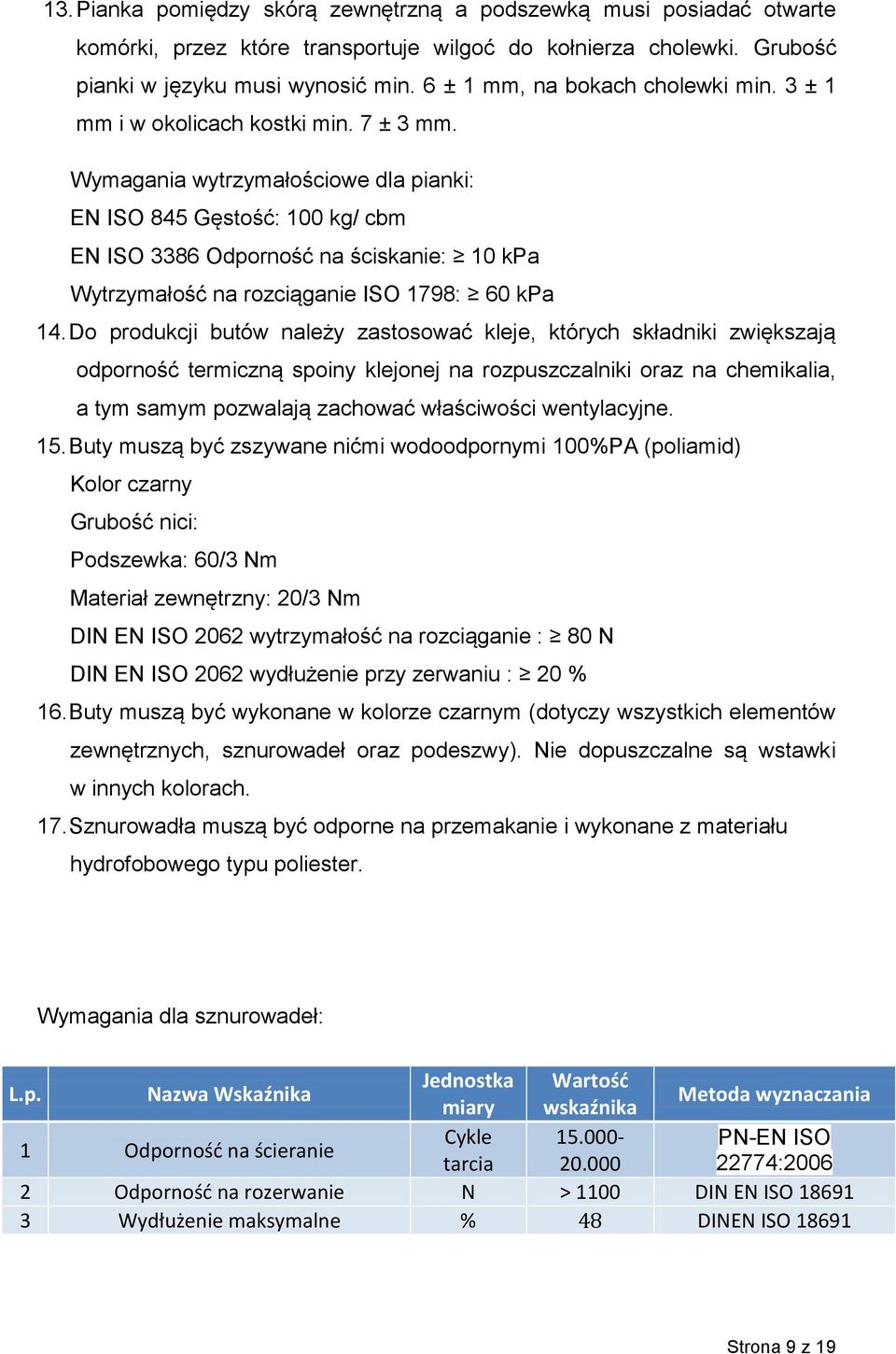 Wymagania wytrzymałościowe dla pianki: EN ISO 845 Gęstość: 100 kg/ cbm EN ISO 3386 Odporność na ściskanie: 10 kpa Wytrzymałość na rozciąganie ISO 1798: 60 kpa 14.