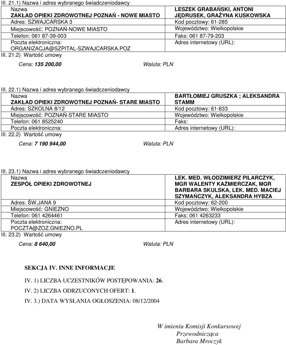 POZNAŃ-NOWE MIASTO Telefon: 061 87-39-003 Faks: 061 87-79-203 ORGANIZACJA@SZPITAL-SZWAJCARSKA.POZ 2) Wartość umowy Cena: 135 200,00 III. 22.