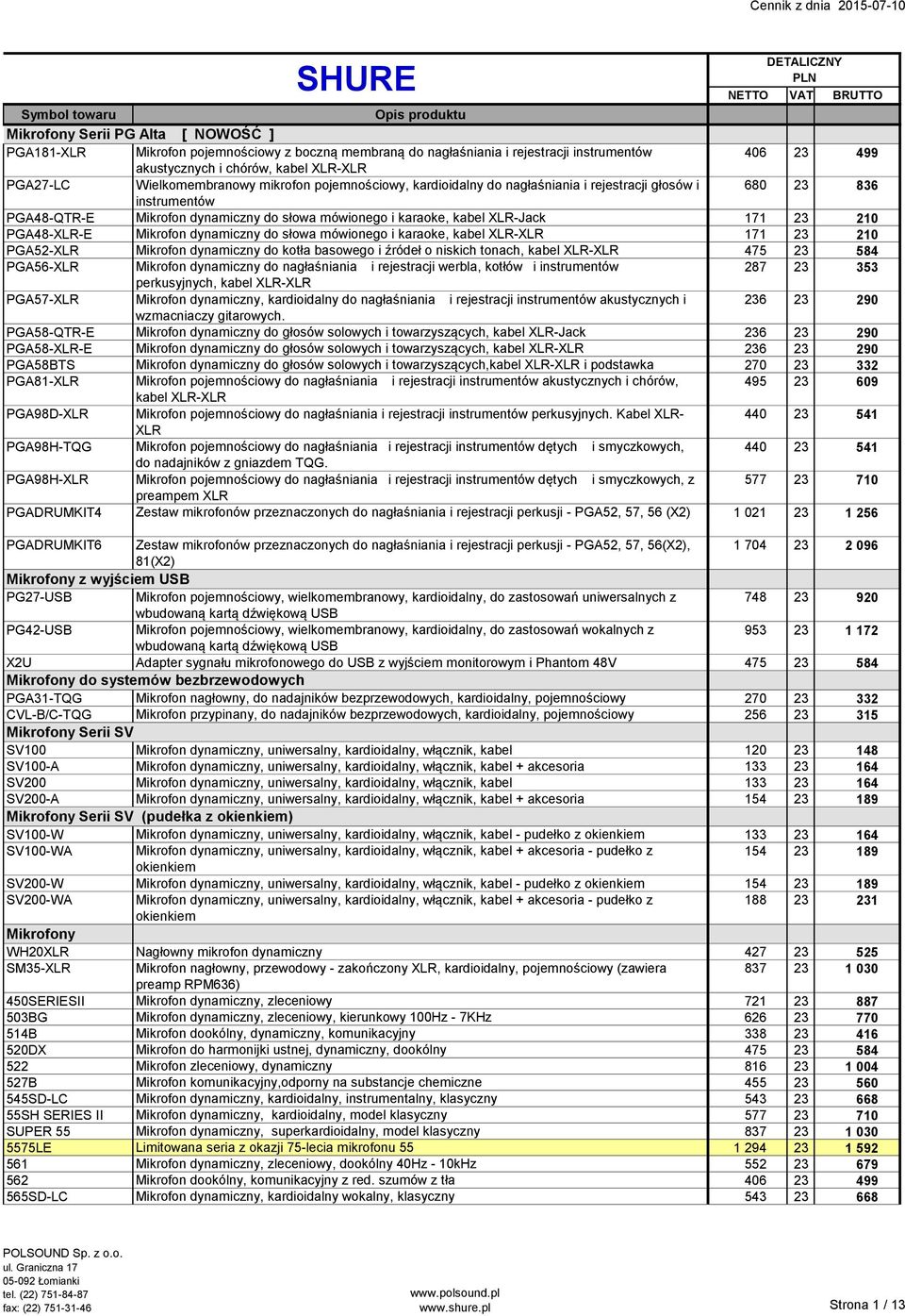 171 23 210 PGA48-XLR-E Mikrofon dynamiczny do słowa mo wionego i karaoke, kabel XLR-XLR 171 23 210 PGA52-XLR Mikrofon dynamiczny do kotła basowego i z ro deł o niskich tonach, kabel XLR-XLR 475 23