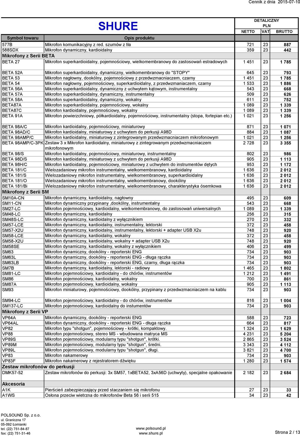 23 1 785 BETA 52A Mikrofon superkardioidalny, dynamiczny, wielkomembranowy do "STOPY" 645 23 793 BETA 53 Mikrofon nagłowny, dooko lny, pojemnościowy z przedwzmacniaczem, czarny 1 451 23 1 785 BETA 54