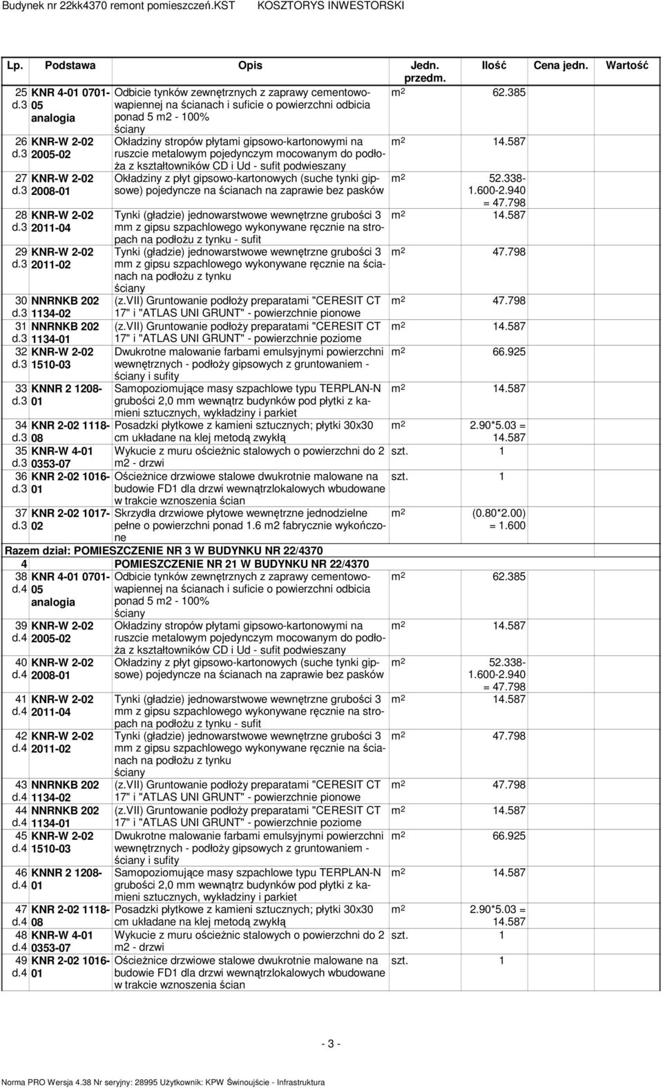 587 35 KNR-W 4-01 Wykucie z muru ościeŝnic stalowych o powierzchni do 2 szt. 1 d.3 0353-07 m2 - drzwi 36 KNR 2-02 1016- OścieŜnice drzwiowe stalowe dwukrotnie malowane na szt. 1 d.3 01 37 KNR 2-02 1017- d.