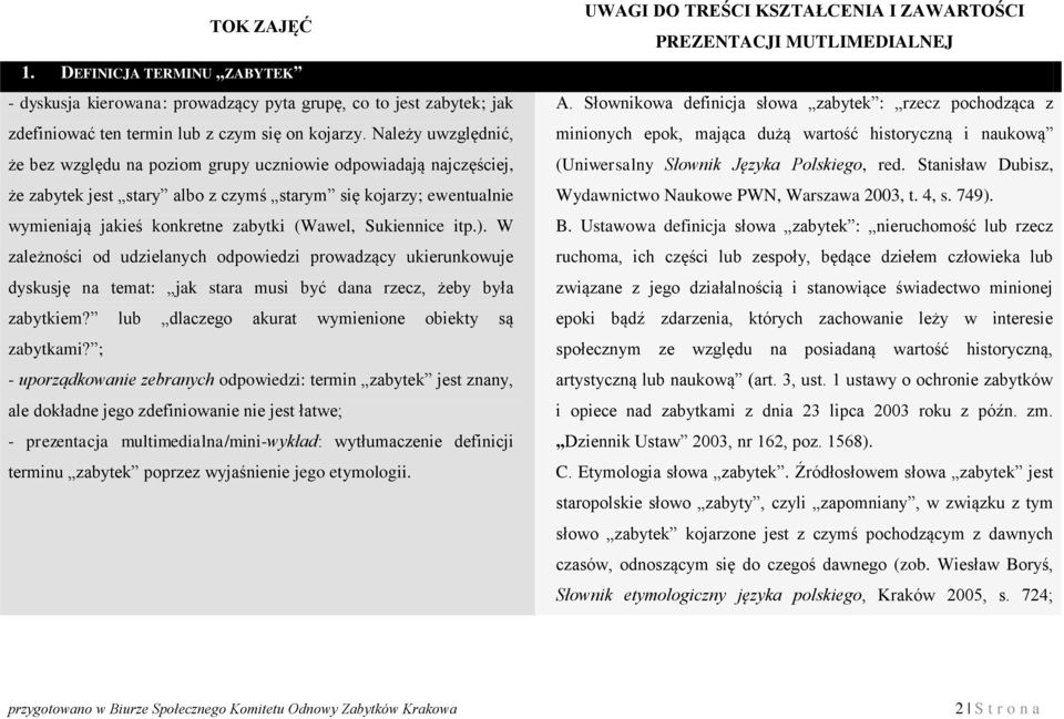 Sukiennice itp.). W zależności od udzielanych odpowiedzi prowadzący ukierunkowuje dyskusję na temat: jak stara musi być dana rzecz, żeby była zabytkiem?