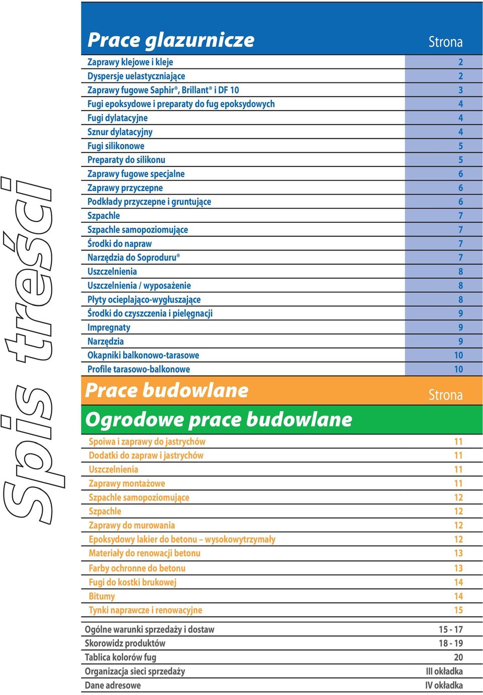 Narzędzia do Soproduru 7 Uszczelnienia 8 Uszczelnienia / wyposażenie 8 Płyty ocieplająco-wygłuszające 8 Środki do czyszczenia i pielęgnacji 9 Impregnaty 9 Narzędzia 9 Okapniki balkonowo-tarasowe 10