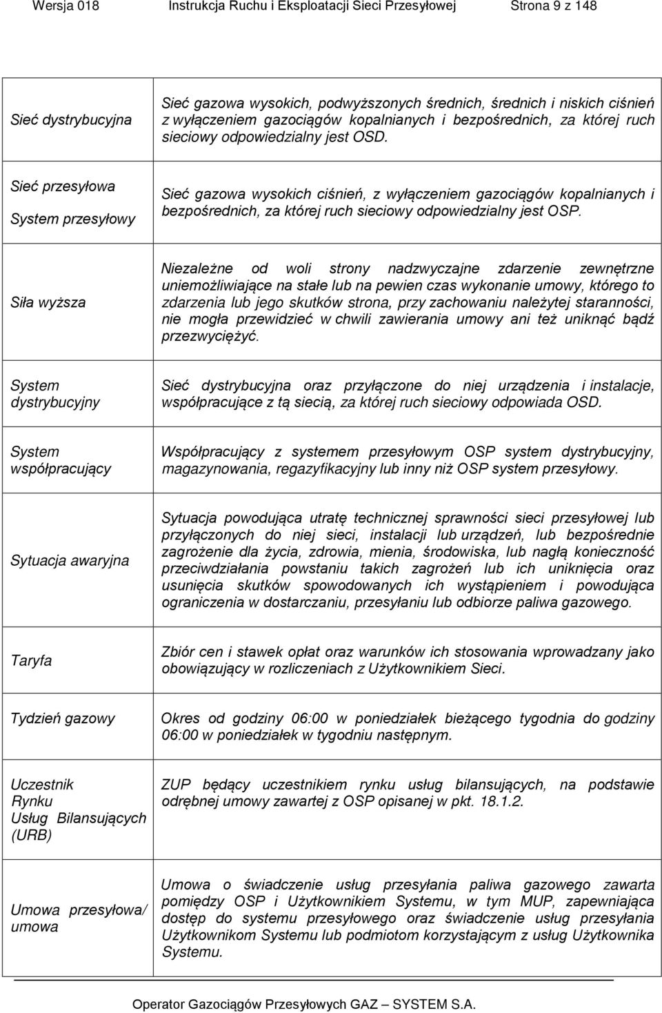 Sieć przesyłowa System przesyłowy Sieć gazowa wysokich ciśnień, z wyłączeniem gazociągów kopalnianych i bezpośrednich, za której ruch sieciowy odpowiedzialny jest OSP.