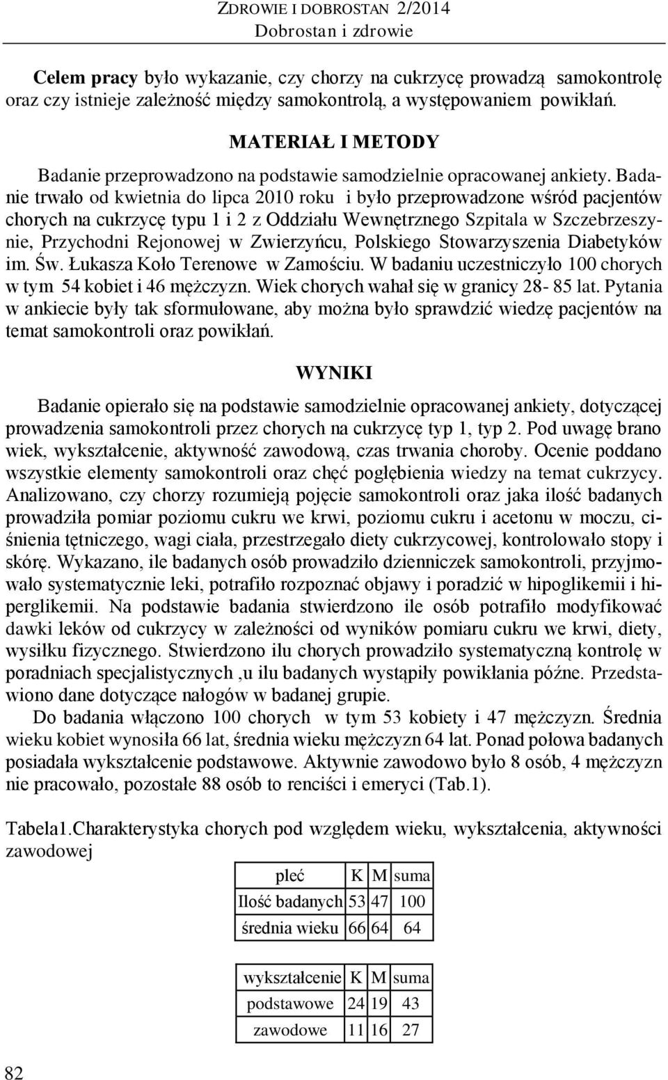 Badanie trwało od kwietnia do lipca 2010 roku i było przeprowadzone wśród pacjentów chorych na cukrzycę typu 1 i 2 z Oddziału Wewnętrznego Szpitala w Szczebrzeszynie, Przychodni Rejonowej w
