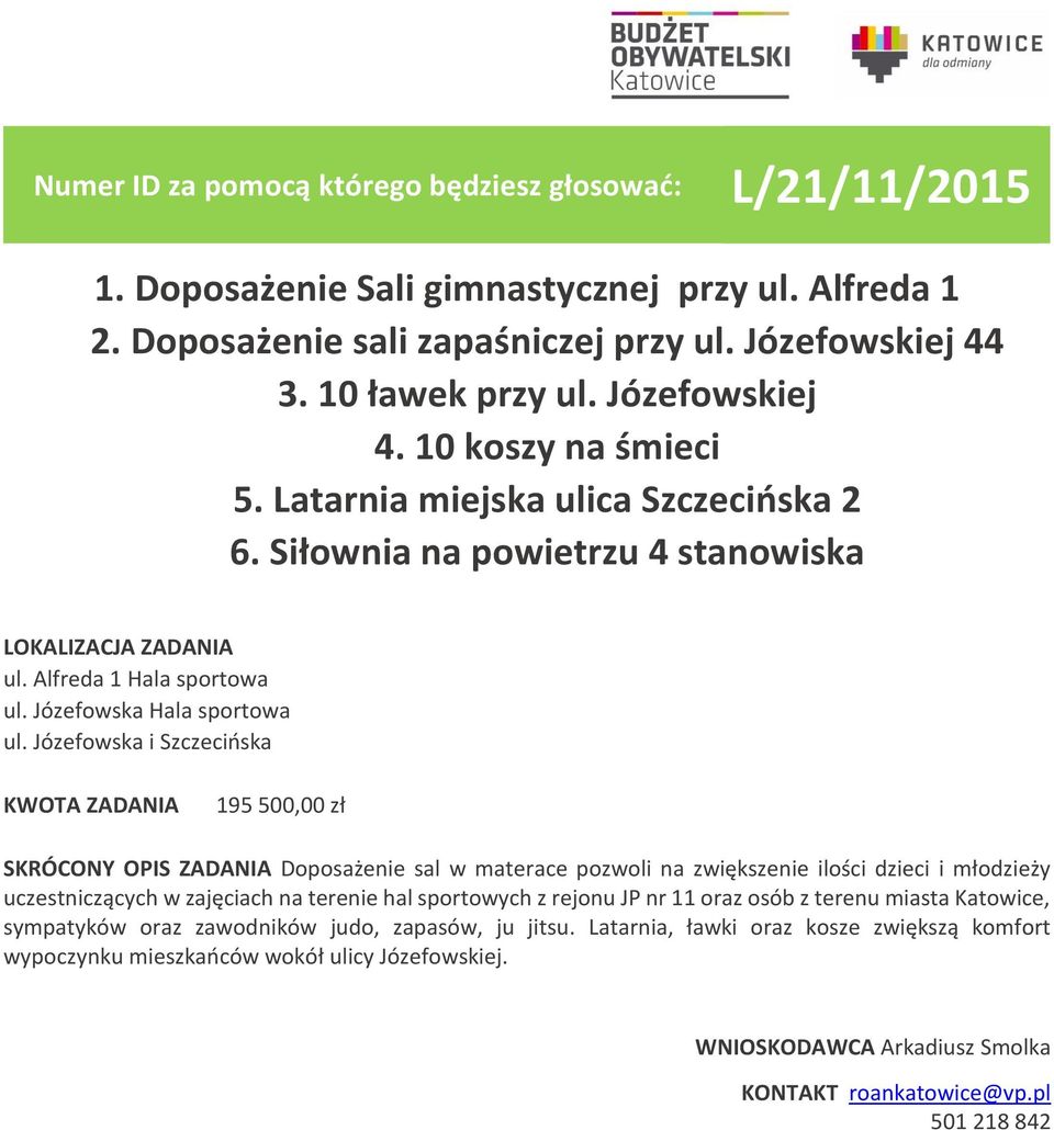 Józefowska i Szczecińska 195 500,00 zł SKRÓCONY OPIS ZADANIA Doposażenie sal w materace pozwoli na zwiększenie ilości dzieci i młodzieży uczestniczących w zajęciach na terenie hal sportowych z