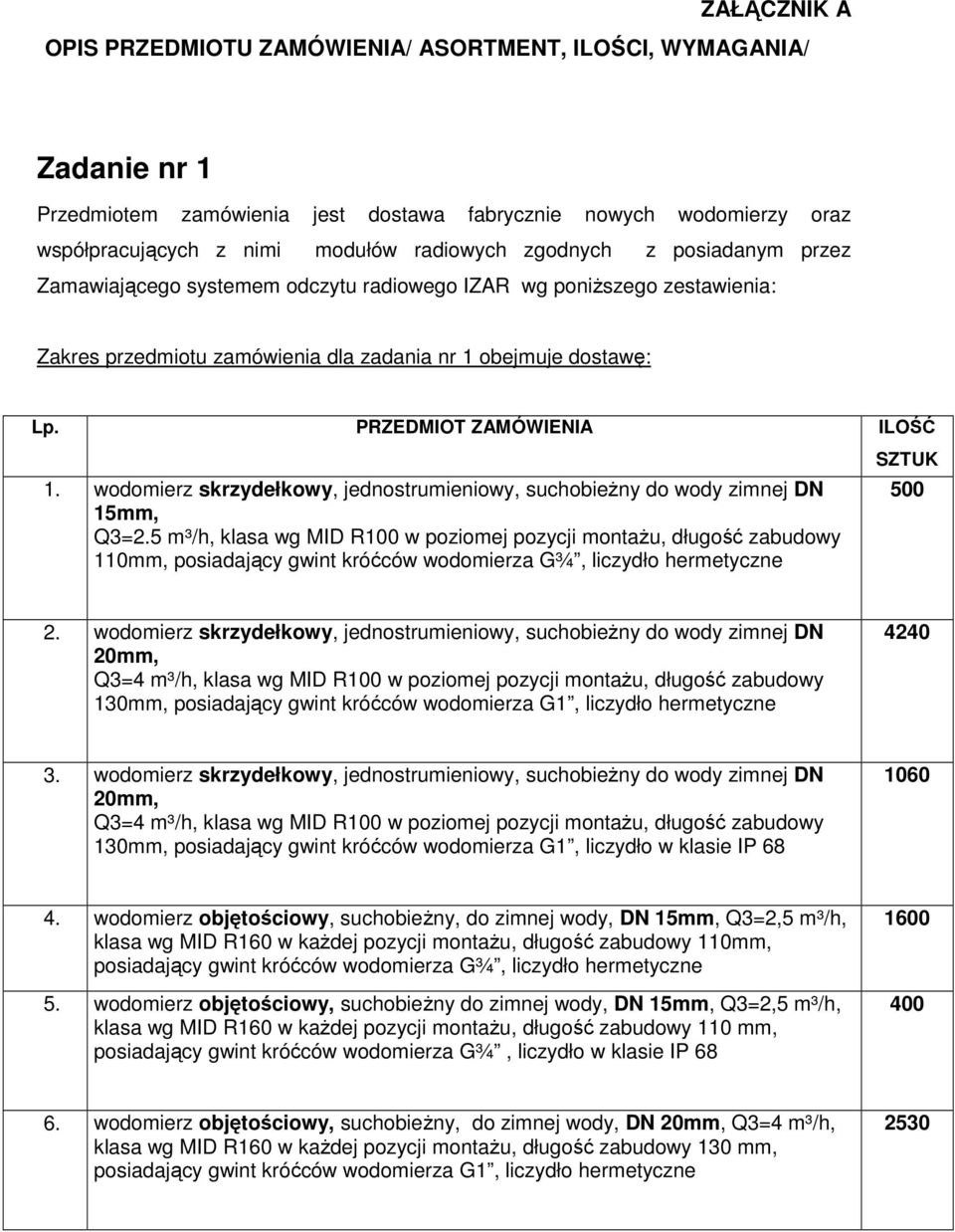 wodomierz skrzydełkowy, jednostrumieniowy, suchobieżny do wody zimnej DN 15mm, Q3=2.