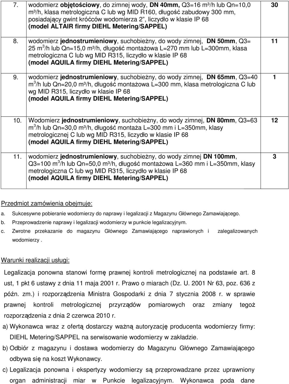 wodomierz jednostrumieniowy, suchobieżny, do wody zimnej, DN 50mm, Q3= 25 m 3 /h lub Qn=15,0 m³/h, długość montażowa L=270 mm lub L=300mm, klasa metrologiczna C lub wg MID R315, liczydło w klasie IP