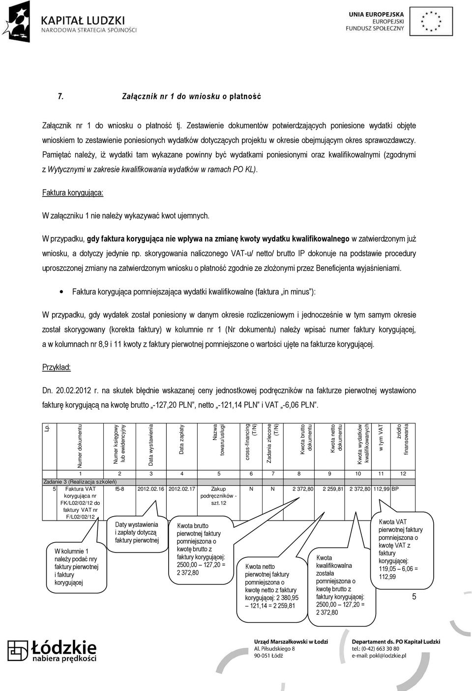 Pamiętać należy, iż wydatki tam wykazane powinny być wydatkami poniesionymi oraz kwalifikowalnymi (zgodnymi z Wytycznymi w zakresie kwalifikowania wydatków w ramach PO KL).