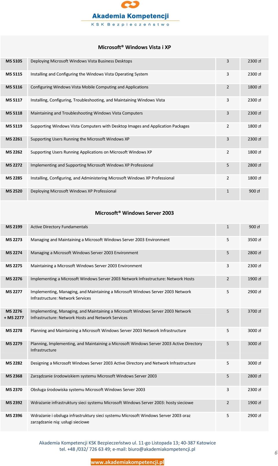 Vista Computers 3 2300 zł MS 5119 Supporting Windows Vista Computers with Desktop Images and Application Packages 2 1800 zł MS 2261 Supporting Users Running the Microsoft Windows XP 3 2300 zł MS 2262