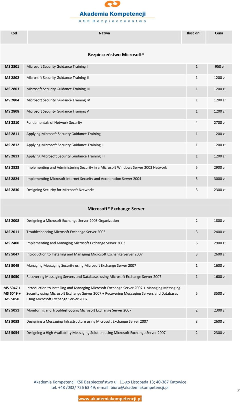 Applying Microsoft Security Guidance Training 1 1200 zł MS 2812 Applying Microsoft Security Guidance Training II 1 1200 zł MS 2813 Applying Microsoft Security Guidance Training III 1 1200 zł MS 2823