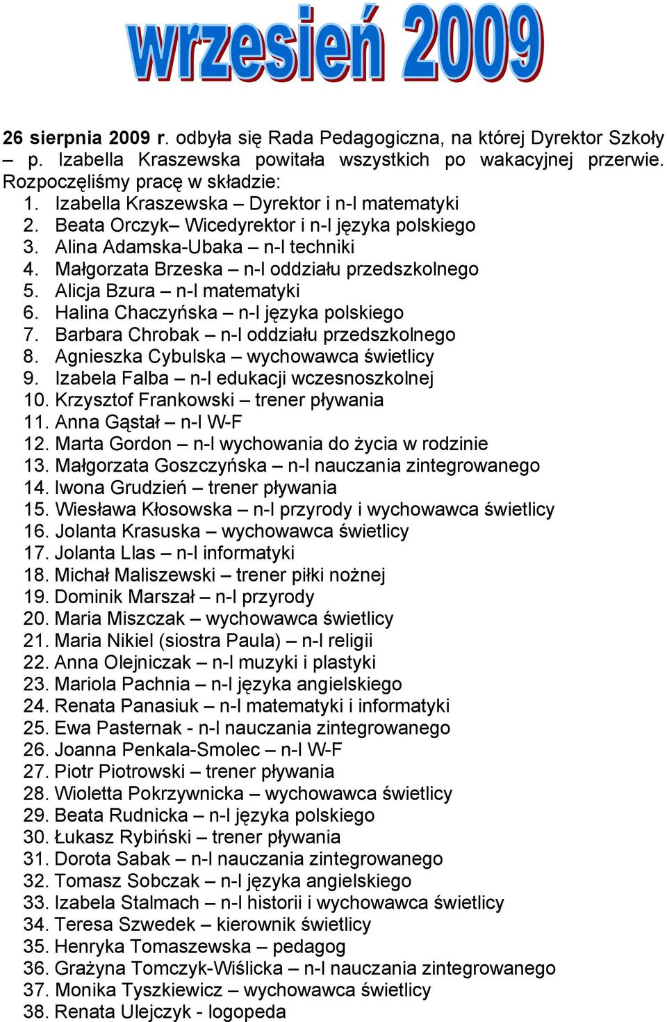 Alicja Bzura n-l matematyki 6. Halina Chaczyńska n-l języka polskiego 7. Barbara Chrobak n-l oddziału przedszkolnego 8. Agnieszka Cybulska wychowawca świetlicy 9.