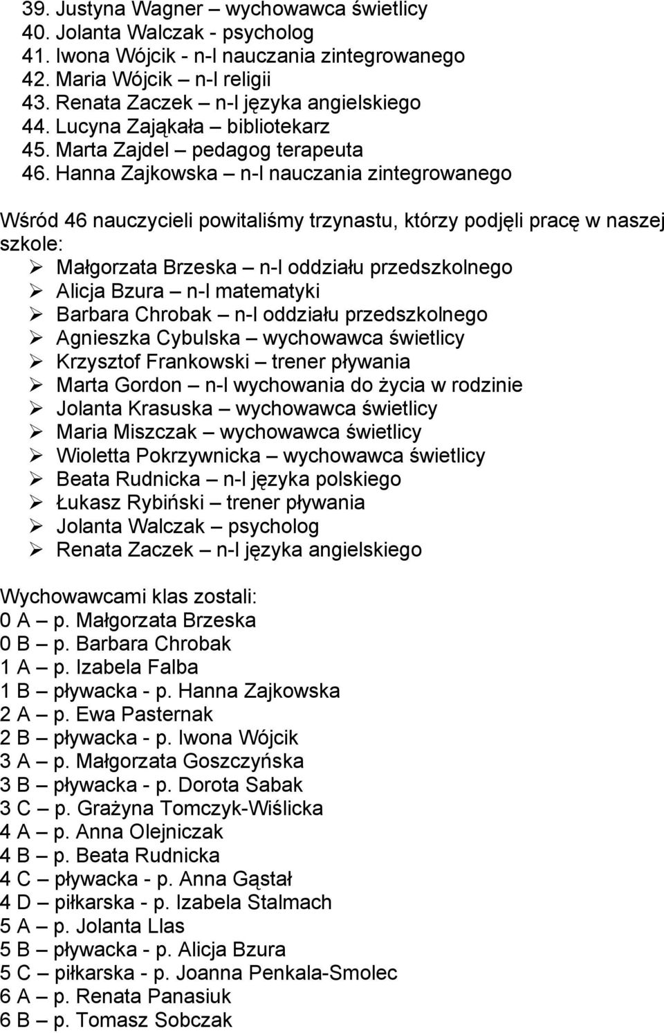 Hanna Zajkowska n-l nauczania zintegrowanego Wśród 46 nauczycieli powitaliśmy trzynastu, którzy podjęli pracę w naszej szkole: Małgorzata Brzeska n-l oddziału przedszkolnego Alicja Bzura n-l