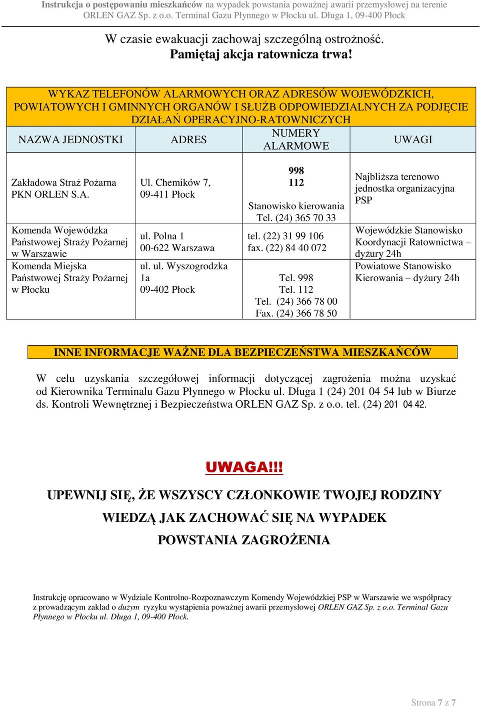 Zakładowa Straż Pożarna PKN ORLEN S.A. Komenda Wojewódzka Państwowej Straży Pożarnej w Warszawie Komenda Miejska Państwowej Straży Pożarnej w Płocku Ul. Chemików 7, 09-411 Płock ul.