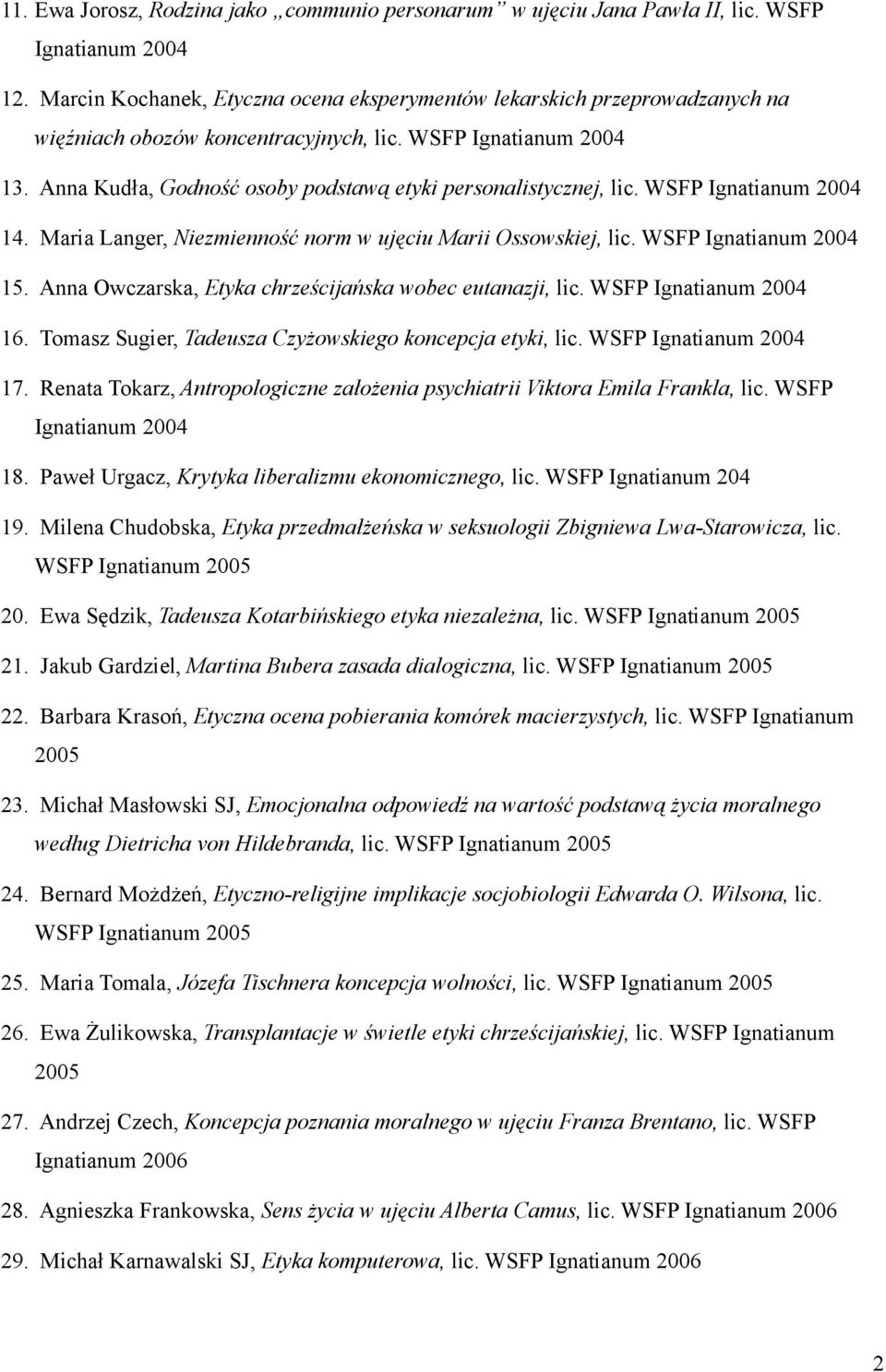 Anna Kudła, Godność osoby podstawą etyki personalistycznej, lic. WSFP Ignatianum 2004 14. Maria Langer, Niezmienność norm w ujęciu Marii Ossowskiej, lic. WSFP Ignatianum 2004 15.