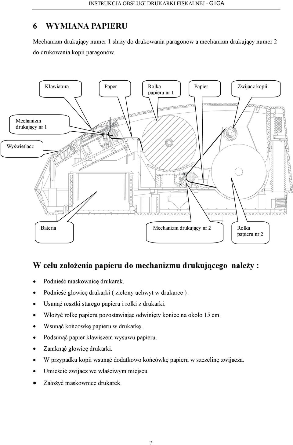 należy : Podnieść maskownicę drukarek. Podnieść głowicę drukarki ( zielony uchwyt w drukarce ). Usunąć resztki starego papieru i rolki z drukarki.