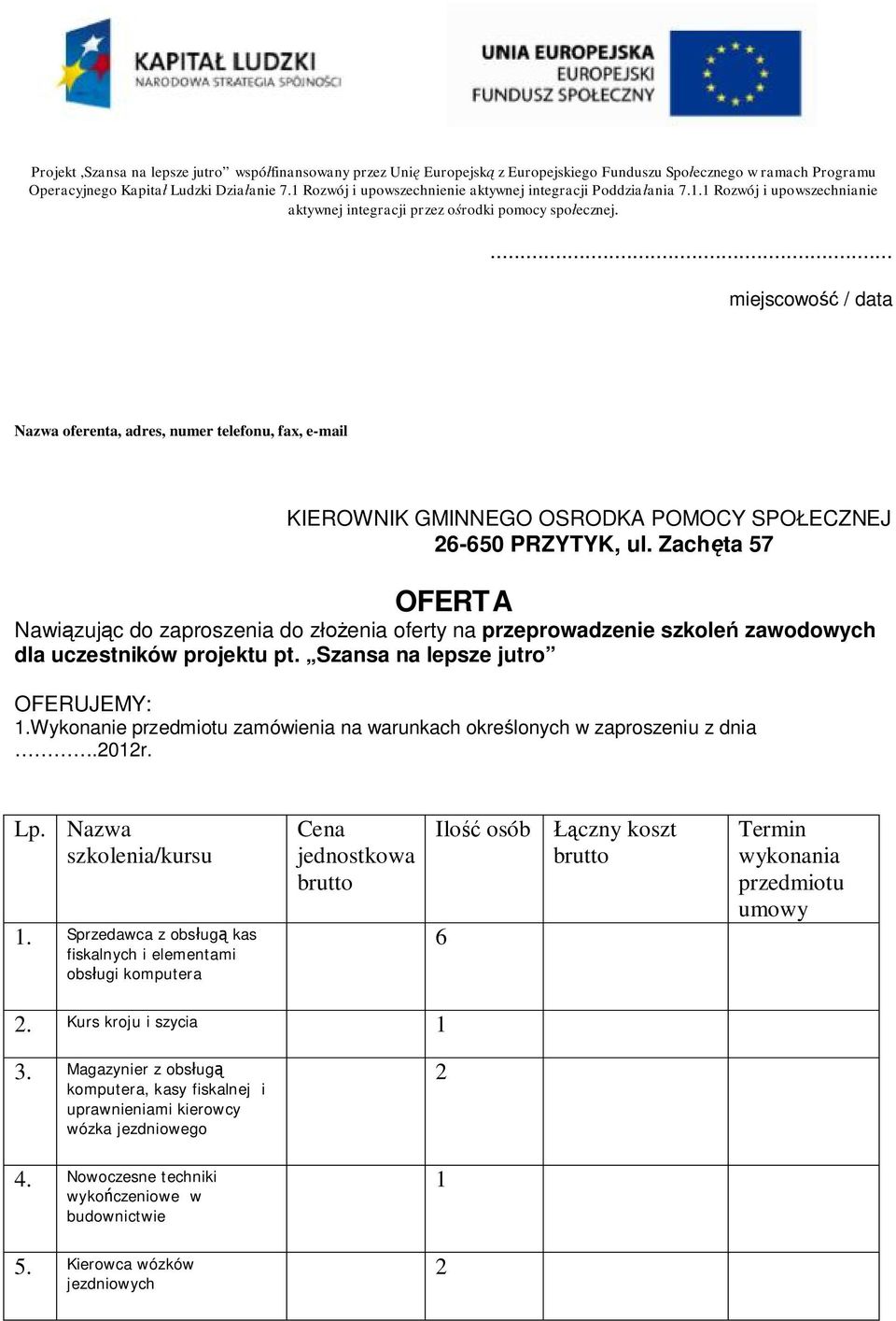 ... miejscowo / data Nazwa oferenta, adres, numer telefonu, fax, e-mail KIEROWNIK GMINNEGO OSRODKA POMOCY SPOECZNEJ 26-650 PRZYTYK, ul.
